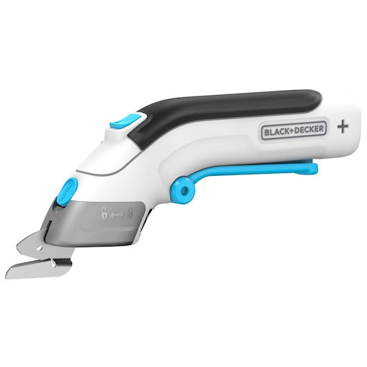 A BLACK+DECKER electric handheld cutter with a white, black, and blue design, featuring a blade at the front, ergonomic handle, and labeled buttons.