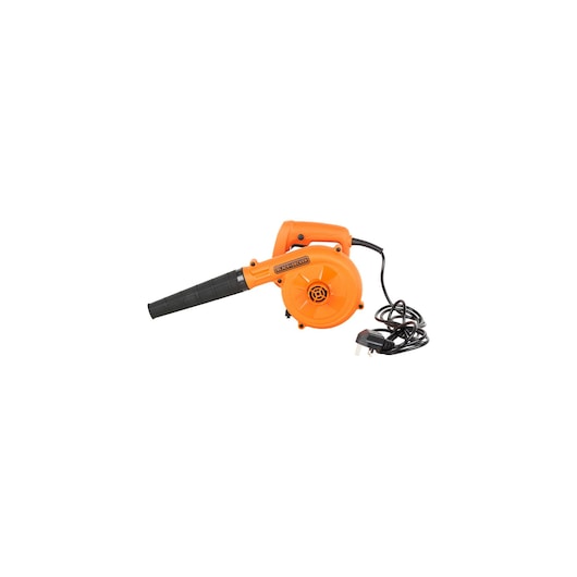 BLACKDECKER BDB530 orange electric blower side view with black nozzle and cord on white background.