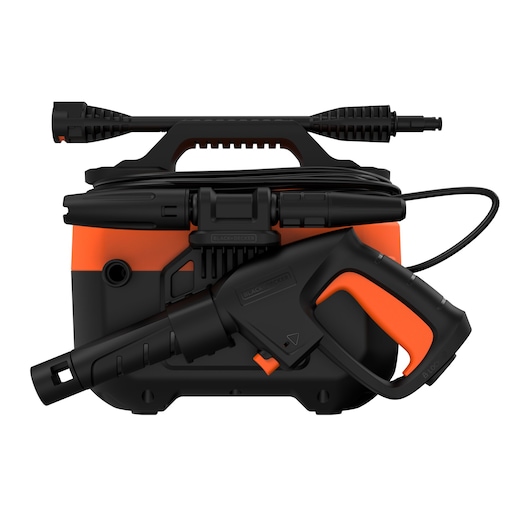 A BLACK+DECKER portable pressure washer with a black and orange body, attached spray gun, hose, and nozzle displayed on the front.