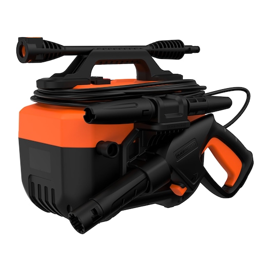 A BLACK+DECKER portable pressure washer with an orange and black casing, integrated handle, and hoses wrapped around the unit. The washer includes a spray gun and nozzle attachments.
