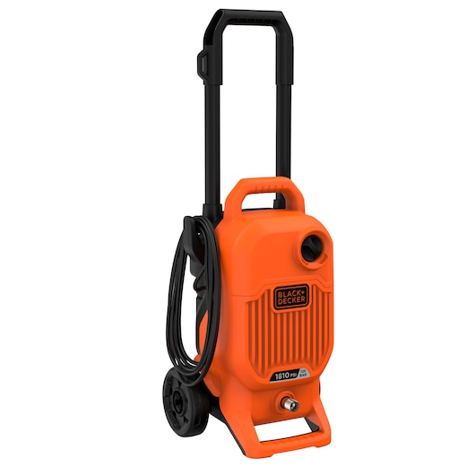 An orange and black BLACK+DECKER portable pressure washer with wheels, a handle, and a cable neatly wound on the side. The model number is BEPW1700, and the unit displays a pressure rating of 1810 PSI / 125 BAR.