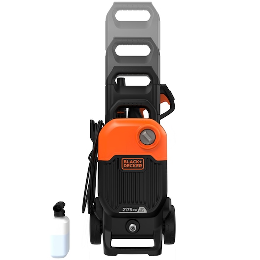 BLACKDECKER BEPW2000 pressure washer front view, orange and black with removable detergent bottle.