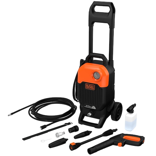 Photo of BLACK+DECKER BEPW2000 pressure washer with accessories, including hose, spray gun, nozzles, and detergent bottle, front angle.