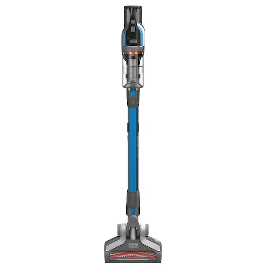 A BLACK+DECKER cordless stick vacuum cleaner, model BHFEV362D, shown upright with a blue and grey body and transparent dust container.