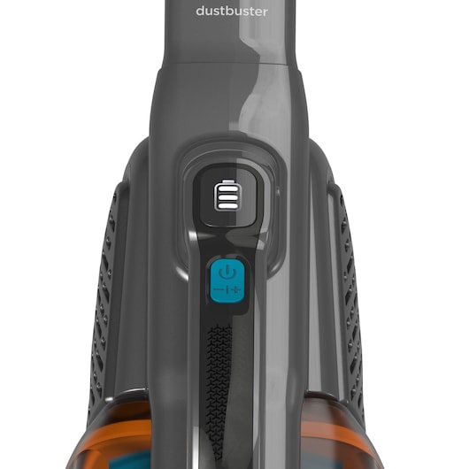 Close-up view of the control panel of a BLACK+DECKER handheld vacuum cleaner, showing the power and suction adjustment buttons, with part of the orange dustbin visible.