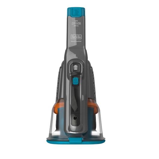 Front view of a BLACK+DECKER BHHV320B cordless handheld vacuum cleaner with grey, blue, and orange detailing, standing upright on its charging base.