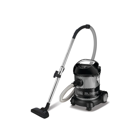 A BLACK+DECKER BV2000 photography vacuum cleaner with a metallic body, flexible hose, and wheeled base, shown on a white background.