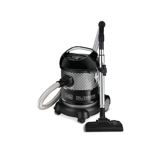 A BLACK+DECKER BV2000 wet and dry vacuum cleaner with a 20-liter capacity and 2000-watt power, featuring a metallic body, flexible suction hose, and a wheeled base for easy mobility. The vacuum has a handle on top and a floor cleaning attachment.