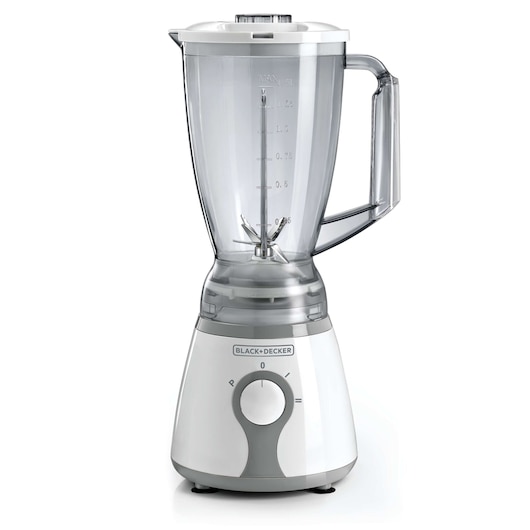 A BLACK+DECKER BX205 blender with a transparent plastic jar, measuring scale, sturdy handle, and a white and grey base with a rotary control dial.
