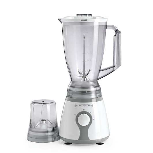 A BLACK+DECKER countertop blender with a transparent plastic blending jar and a detachable grinder accessory, both in white and grey color.