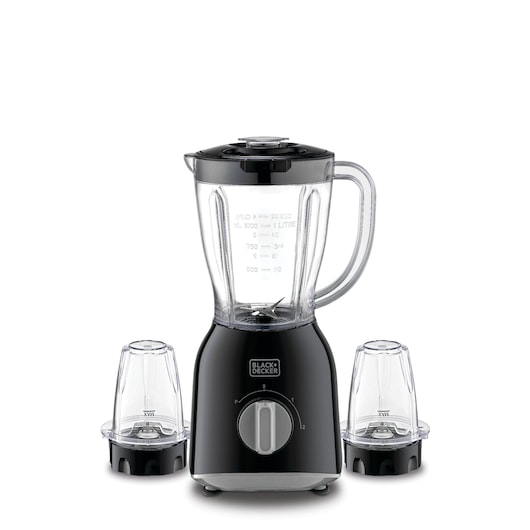 Black+Decker blender BX365E in black, shown with a main blending jar and two smaller accessory jars, all with clear lids and visible measurement markings.