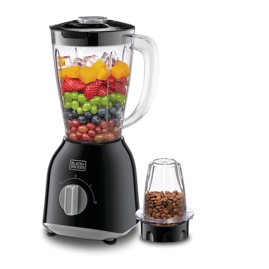 BLACK+DECKER blender with a transparent jar containing assorted fruits and ice, next to a smaller accessory jar filled with coffee beans.