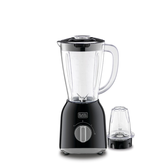 A BLACK+DECKER electric blender in black with a transparent pitcher and a smaller attachment, both shown on a white background.