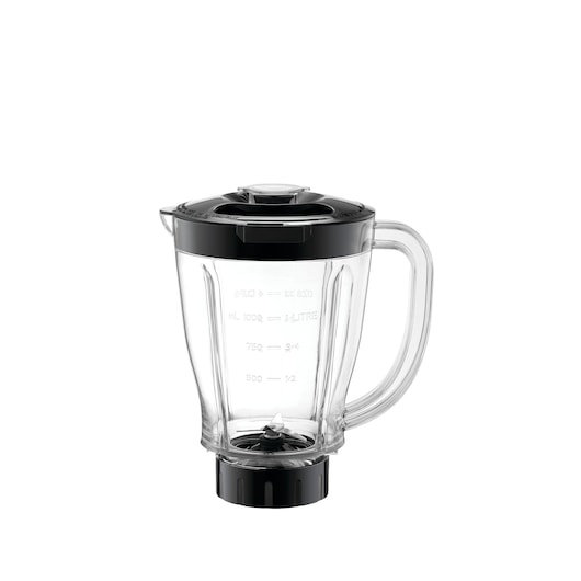 A transparent blender jar with a black lid and handle, featuring measurement markings on the side and a blade assembly at the bottom.
