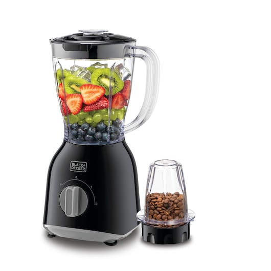 BLACK+DECKER blender BX365PR with a glass jug filled with assorted fruits and ice cubes, alongside a grinder attachment containing coffee beans.