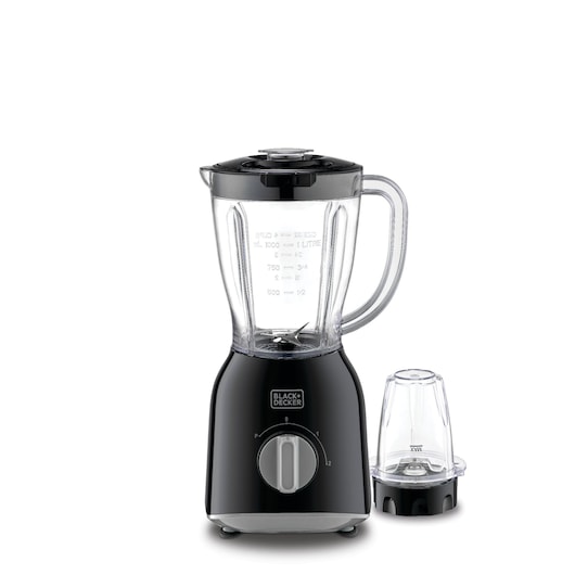 A BLACK+DECKER blender with a transparent pitcher and a black base, shown with an additional small grinding attachment on the side.