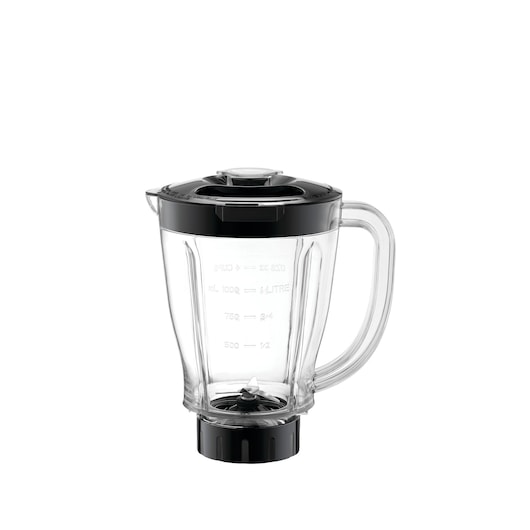 A transparent blender jar with measurement markings, a black lid, and handle, suitable for use as a replacement part for a BLACK+DECKER blender.