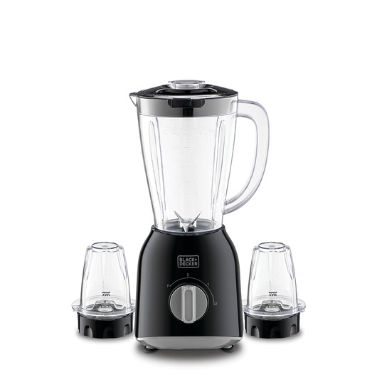 A BLACK+DECKER blender in black with a transparent jug and two additional smaller containers placed beside it, suitable for blending or grinding food and beverages.