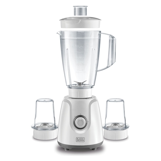 A BLACK+DECKER BX4000 countertop blender with a large transparent jar, white base, and two smaller grinding or chopping attachments, all placed on a white background.