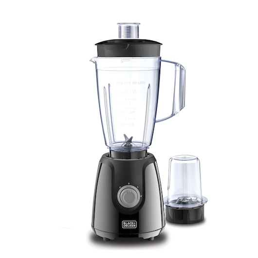 A BLACK+DECKER blender with a transparent blending jar and black base, accompanied by a smaller accessory container, shown against a white background.
