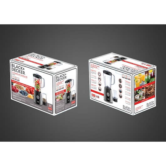 Photo of BLACK+DECKER BX4130 blender box with images of the blender, fruits, and usage highlights on white packaging.