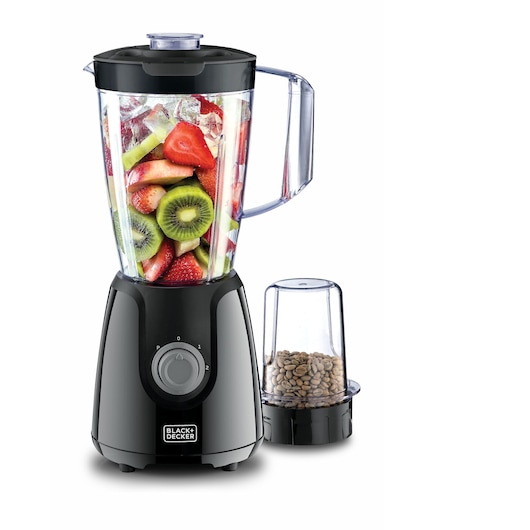 A BLACK+DECKER blender with a transparent pitcher filled with chopped fruit and ice, next to a small transparent container holding coffee beans.