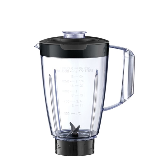 A clear plastic blender jar with a handle, black lid, and visible measurement markings. The jar contains a metal blade at the bottom and is shown isolated on a white background.