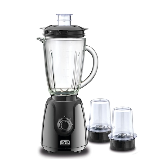 A BLACK+DECKER BX440G blender in black, with a glass pitcher and two small transparent jars for grinding or blending, shown on a white background.