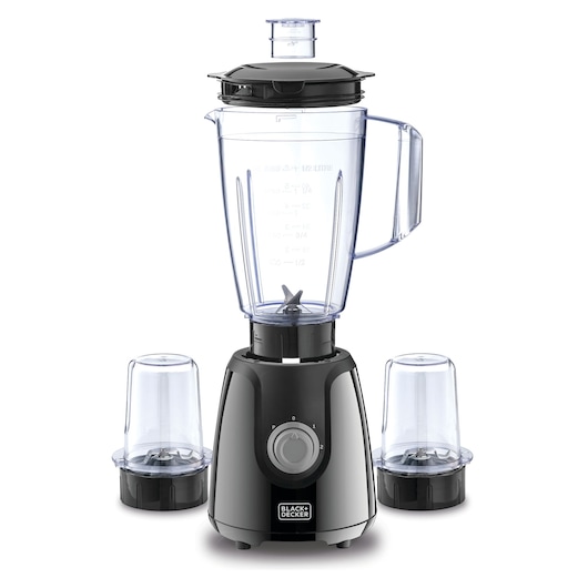 A BLACK+DECKER electric blender with a large blending jar and two smaller accessory jars, all with clear lids, displayed on a white background.