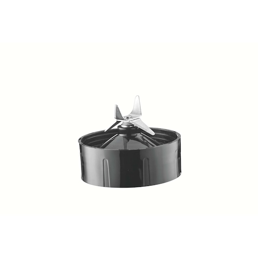 Photo of BLACKDECKER BX440 blender blade assembly, silver stainless steel blades, black plastic base, front angle.