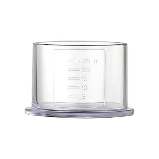 BLACKDECKER BX520 clear plastic measuring cup with 25 ml scale, front angle, white background.