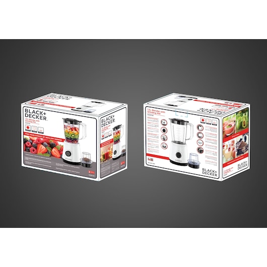 Photo of BLACK+DECKER BX520 blender packaging box, showing product image, features, and food preparation ideas.