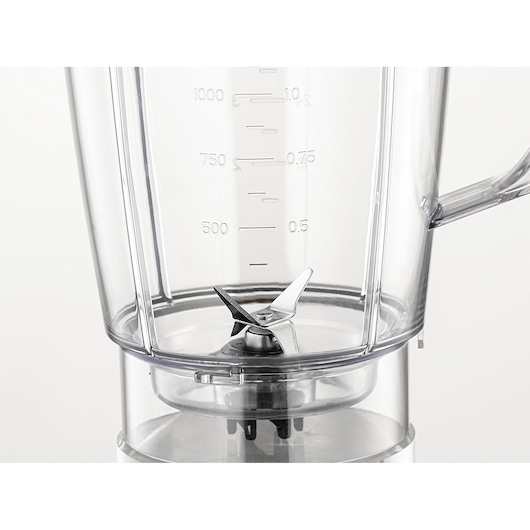 BLACK+DECKER BX530 blender jug with stainless steel blades, handle, and measurement markings, close-up, white background.