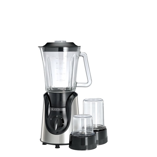 BLACK+DECKER blender BX600G with glass jug and two small grinding jars, stainless steel base.