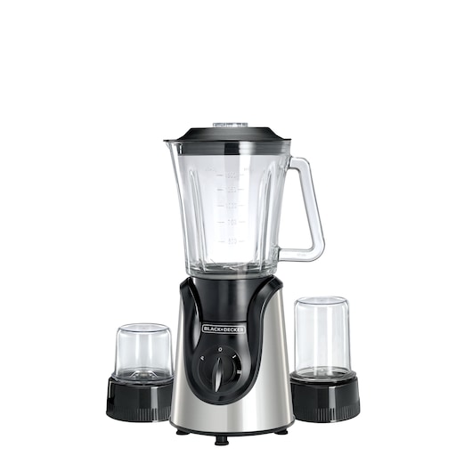 BLACK+DECKER BX600G blender with glass jar and two accessory containers on a white background.