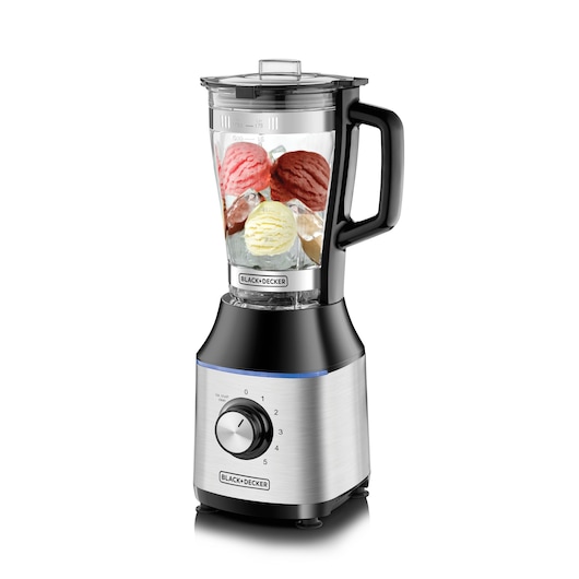A BLACK+DECKER blender with a transparent jug, containing scoops of ice cream and ice cubes. The blender has a silver and black base with a control dial.