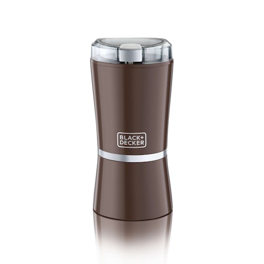 A brown BLACK+DECKER coffee grinder with a transparent lid and a silver band around the middle, shown on a white background.