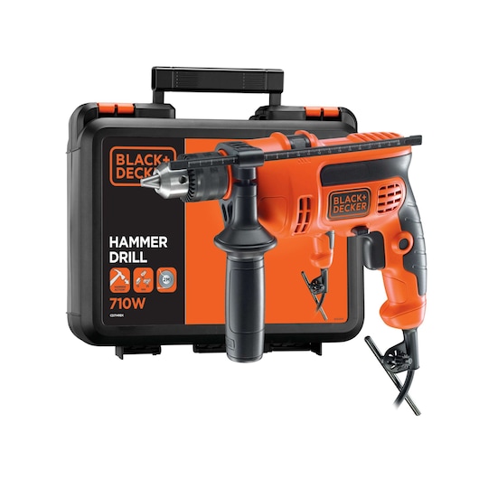 BLACK+DECKER CD714REK orange and black hammer drill with side handle in front of carrying case, front angle.