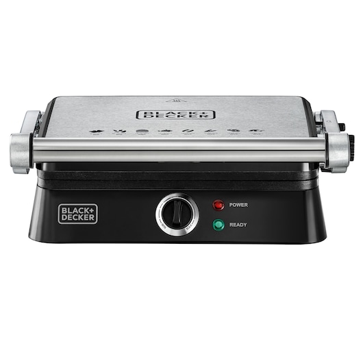 Front view of a BLACK+DECKER electric grill with a brushed metal finish. The grill has a handle, temperature control knob, and indicator lights labeled 'Power' and 'Ready.'