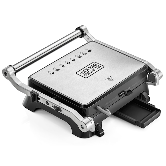 Photo of BLACK+DECKER CG1400 stainless steel contact grill with handle and drip tray, side angle on white background.