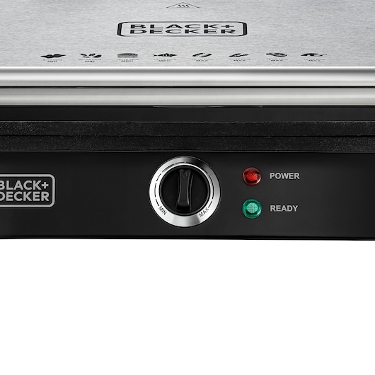 BLACK+DECKER grill CG1400 front view with temperature dial, power, and ready indicator lights.