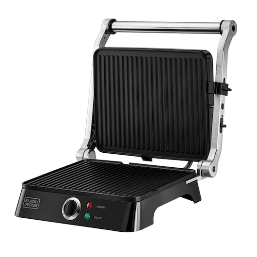 BLACK+DECKER CG1400 electric grill with open lid, black and silver, front angle on white background.
