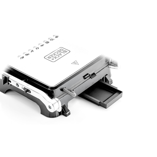 BLACK+DECKER CG1400 contact grill close-up, showing drip tray extended, photographed on white background.