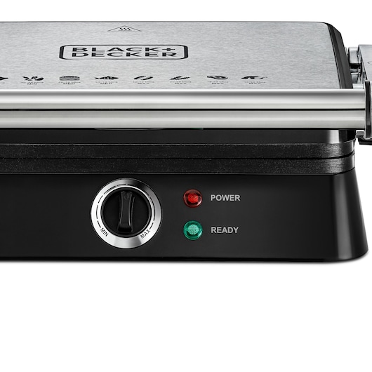 Photo of BLACK+DECKER CG1400 contact grill front view with temperature dial and power, ready indicator lights.