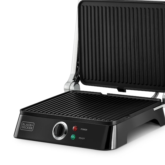 Photo of BLACK+DECKER CG1400 electric grill, open, with black ribbed plates and control dial, front angle on white.