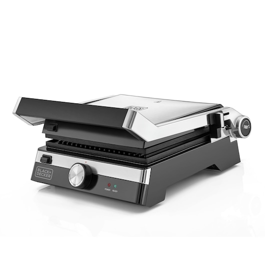 BLACKDECKER CG2000 stainless steel panini press with adjustable knob, side view on white background.