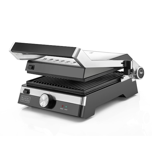BLACK+DECKER CG2000 electric grill with adjustable lid, silver and black, three-quarter angle.