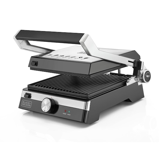 BLACK+DECKER CG2000 panini press with open grill plates on white background, front angle.