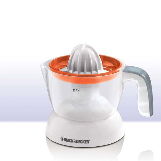 BLACK+DECKER CJ200 electric citrus juicer featuring a clear container with handle, white base, orange rim, and a gray cone for extracting juice.