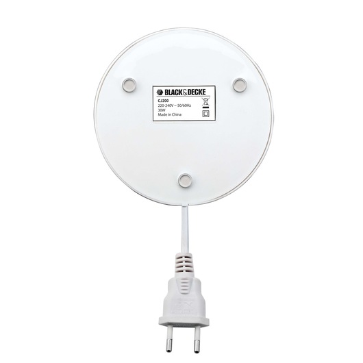 Bottom view of a BLACK+DECKER CJ200 electric appliance with a round white base and an attached European power plug. The label shows model information and electrical specifications.